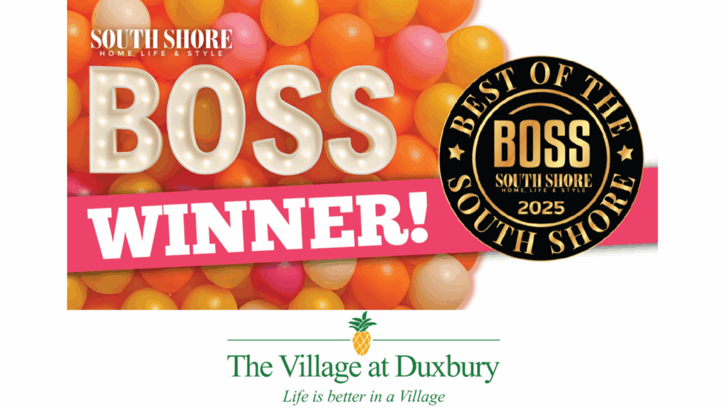 A graphic of balloons celebrating The Village at Duxbury in MA winning the 2025 BOSS award for being the best senior living community in the South Shore.